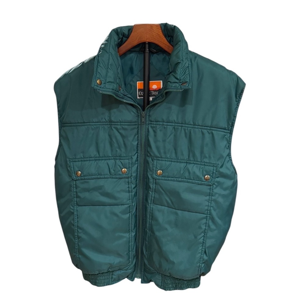 Vtg 70s Ozark Trail Puffer Vest Mens XL Teal Green Quilted Full Zip Outdoor Hike